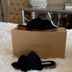 New Steve Madden Enite Black Plush Faux Fur Slippers, Luxury Vibes!